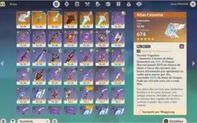 Genshin AR 58 com vários personagens e armas T5+gemas+livros