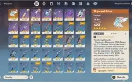 Conta nova com Jean, Diluc, Yanfei e Skyward Atlas