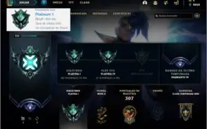 Conta platina 1 com 65% de Win rate, 94 champs e 96 skins