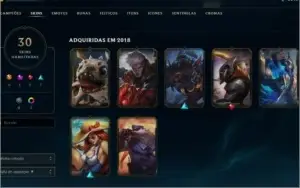 conta 70 campeões 30 skins, ouro 1 na solo duo e flex.