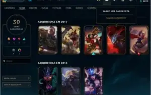conta 70 campeões 30 skins, ouro 1 na solo duo e flex.