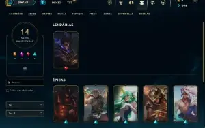 Conta esmeralda 3, 73% de win rate, 42 champs, 14 skins