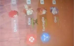 Personagens Diluc, Childe, qiqi, Klee