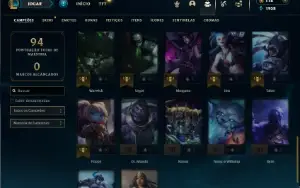 Unranked com 40 champs e 8 Skins + 7 Fragmentos de Skins