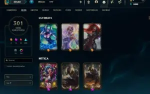 Platina 1 com TODOS os champs e 301 Skins ( MID / ADC / JG )