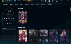 Platina 4 com TODOS os champs e 123 Skins ( MID / TOP / JG )