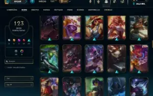 Platina 4 com TODOS os champs e 123 Skins ( MID / TOP / JG )