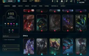 Platina 4 com TODOS os champs e 123 Skins ( MID / TOP / JG )