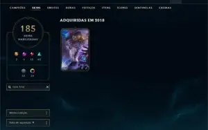 CONTA LOL; UNRANKED c/ MMR PLAT 1; 186 SKINS; 1330 RP's