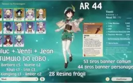 AR 44 Diluc + Venti + Jean + Tumulo do Lobo