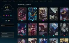 Conta League of Legends com 691 skins, sem elo.