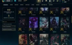 Platina 1 com 60 Champs e 50 Skins + 3 Espolios