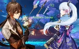 Conta Genshin Impact com Zhongli e Kamisato Ayaka