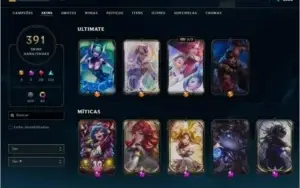 Gold 4 ,391 skins, 3 prestígios, 1 hextec e 4 ultimates