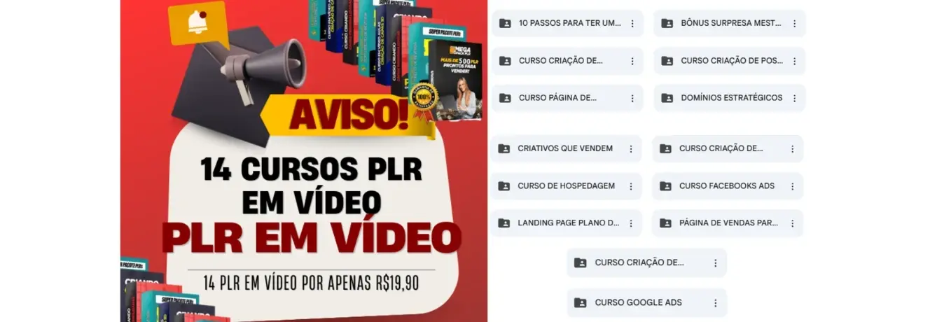 🔥 Super Pacote com 14 Cursos PLR em Vídeo + Bônus Exclusivo