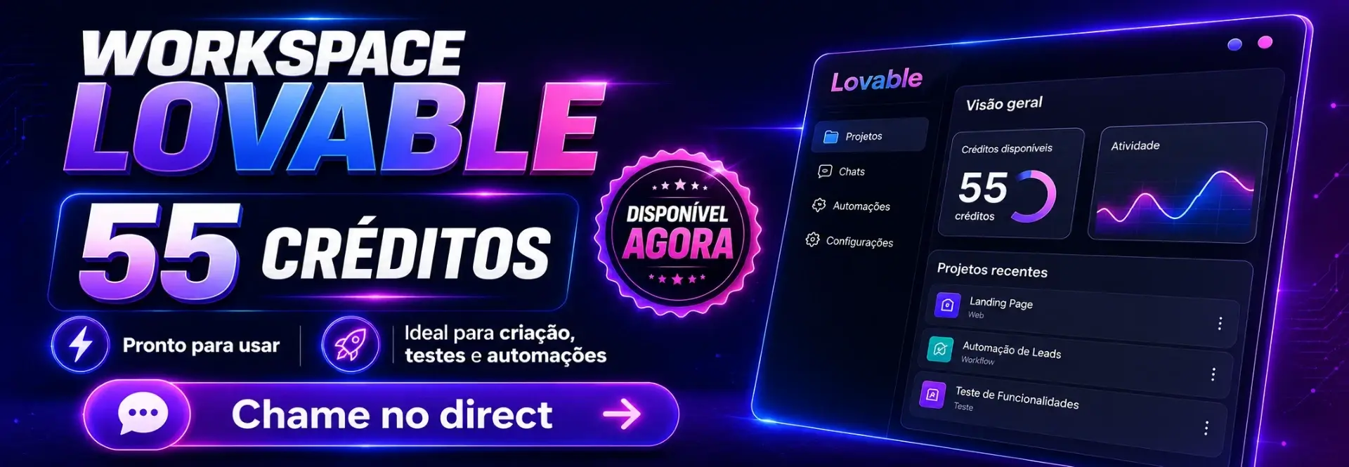 Workspace lovable com 55 créditos no seu email