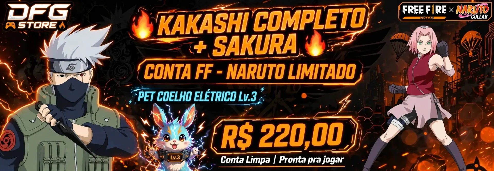 Conta Ff — Kakashi Completo + Sakura + Pet Lv.3 — Naruto