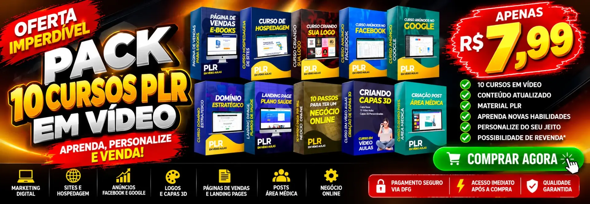 🔥 PACK 10 CURSOS PLR EM VÍDEO | SÓ R$ 7,99