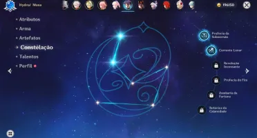 Hutão, Kazuha, Itto, Kokomi, Mona C2, Qiqi e Diluc+Arma Itto