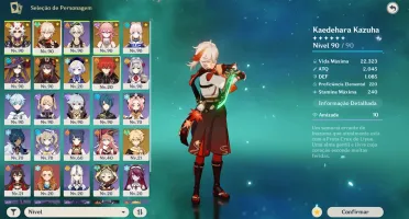Hutão, Kazuha, Itto, Kokomi, Mona C2, Qiqi e Diluc+Arma Itto