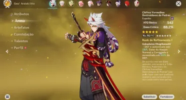 Hutão, Kazuha, Itto, Kokomi, Mona C2, Qiqi e Diluc+Arma Itto