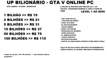 UP GTA ONLINE PC │ 1 BILHÃO │ LVL 8000 │ MELHOR PREÇO DA DFG