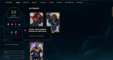 Conta ouro 2 com Yasuo edição prestigio, 55 skins, 75 champs
