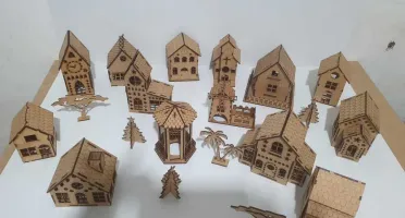 Kit 14 mini casinha em mdf, com arvore, coqueiro e...