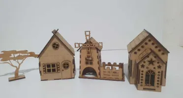 Kit 14 mini casinha em mdf, com arvore, coqueiro e...