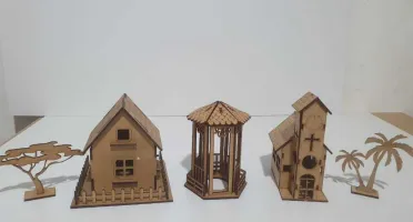 Kit 14 mini casinha em mdf, com arvore, coqueiro e...