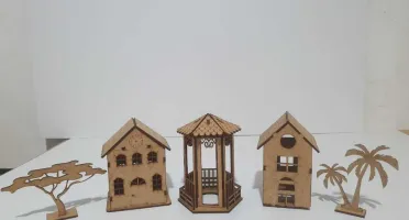 Kit 14 mini casinha em mdf, com arvore, coqueiro e...