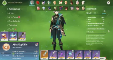 Conta Genshin AR 7 com Alhaitham, Espinha Celestial e Qiqi