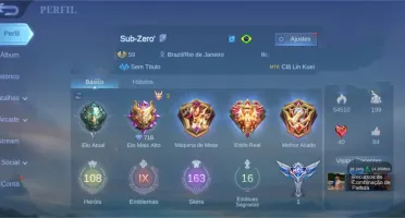 CONTA MOBILE LEGENDS LV 89 / 108 HERÓIS / 163 SKINS