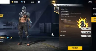 Free Fire com Skin do Cobra, lendária e 6 passes.