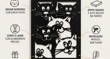 Quadro Vazado de Gatos em MDF Preto 35 x 25 cm