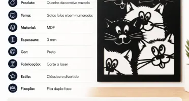 Quadro Vazado de Gatos em MDF Preto 35 x 25 cm