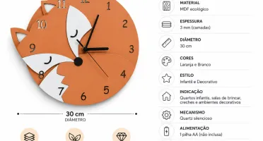 Relógio Raposa 3D em MDF 30 cm