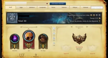 CONTA LEAGUE OF LEGENDS BRONZE 5 + 8 SKINS + 29 CAMPEÕES