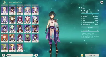 Diluc Skin, Yoimiya C1, Venti C1, Zhongli, Baal, Kazuha, Hom