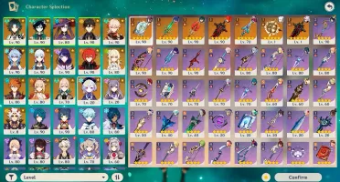 Diluc Skin, Yoimiya C1, Venti C1, Zhongli, Baal, Kazuha, Hom