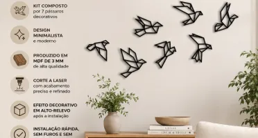 Kit 7 Pássaros Geométricos em MDF Preto