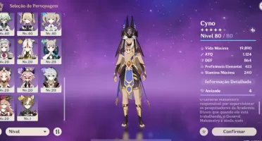 Ar48, Dehya c1 + assinatura, Cyno + bis, Baizu c1, tighnari,
