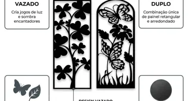 Kit 2 Quadros Florais com Borboletas em MDF Preto