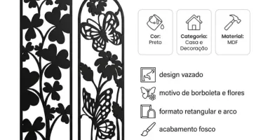 Kit 2 Quadros Florais com Borboletas em MDF Preto
