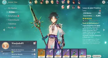 Contas Genshin Impact AR 5 e 7 com Xiao e Lança de Jade