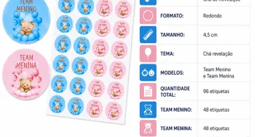 Kit 96 Etiquetas Chá Revelação 4,5 cm