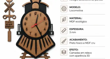 Relógio de Parede Locomotiva em MDF 70 x 46 cm