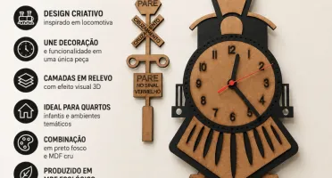 Relógio de Parede Locomotiva em MDF 70 x 46 cm