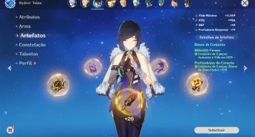 Conta AR56 com Ayato, Yoimiya, Klee, Yelan e Arco de Amos.