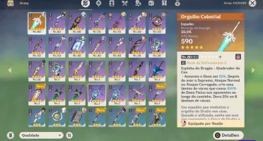 Conta genshin AR 51 com 4 personagens 5* e uma arma 5* R2